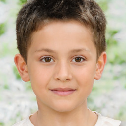 Joyful white child male with short  brown hair and brown eyes