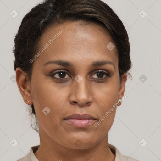 Joyful latino young-adult female with short  brown hair and brown eyes
