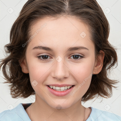 Joyful white child female with medium  brown hair and brown eyes