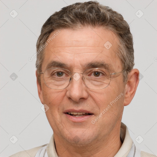 Joyful white middle-aged male with short  brown hair and brown eyes