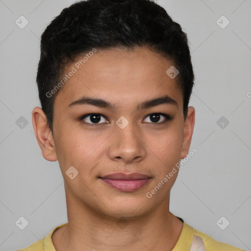 Joyful latino young-adult female with short  brown hair and brown eyes