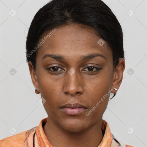 Neutral black young-adult female with short  brown hair and brown eyes