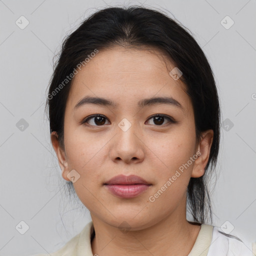 Neutral white young-adult female with medium  brown hair and brown eyes