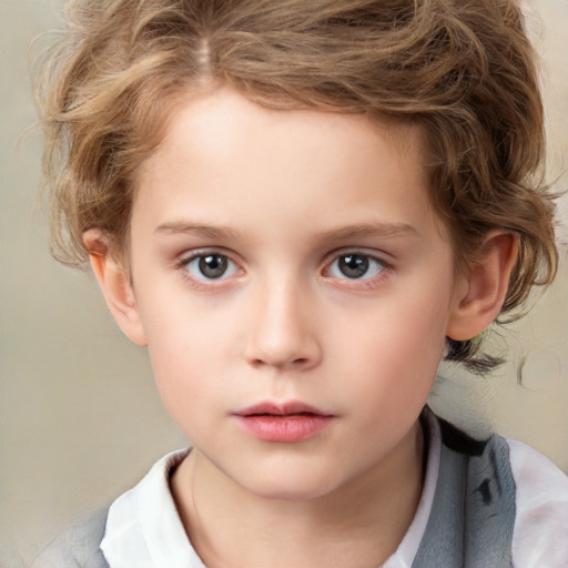 Neutral white child female with medium  brown hair and grey eyes