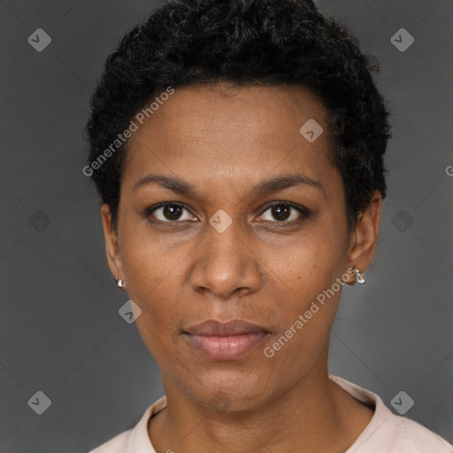 Neutral black young-adult female with short  black hair and brown eyes