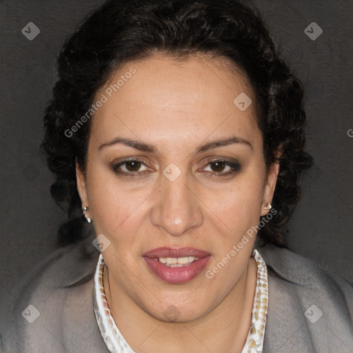 Joyful white adult female with long  brown hair and brown eyes