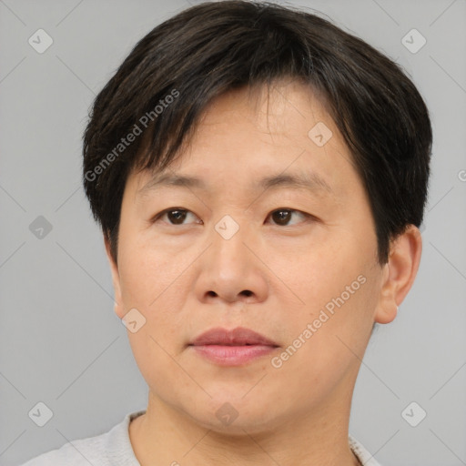 Joyful asian adult male with short  brown hair and brown eyes