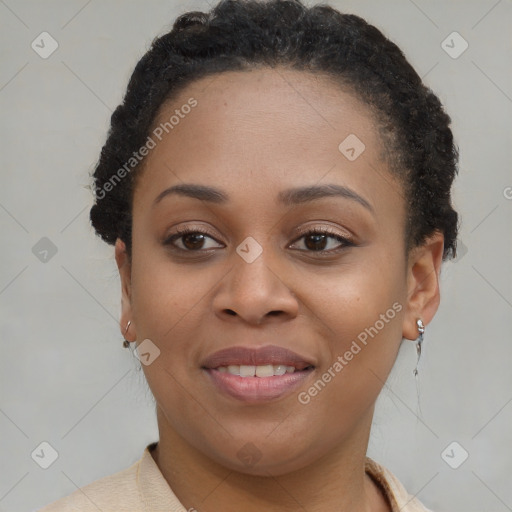 Joyful latino young-adult female with short  brown hair and brown eyes