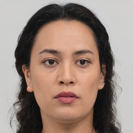 Neutral asian young-adult female with long  brown hair and brown eyes
