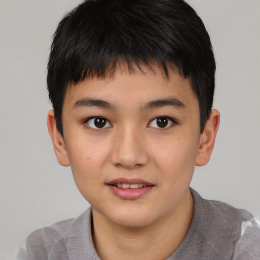 Joyful asian child male with short  brown hair and brown eyes