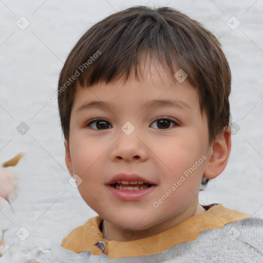 Joyful white child female with short  brown hair and brown eyes