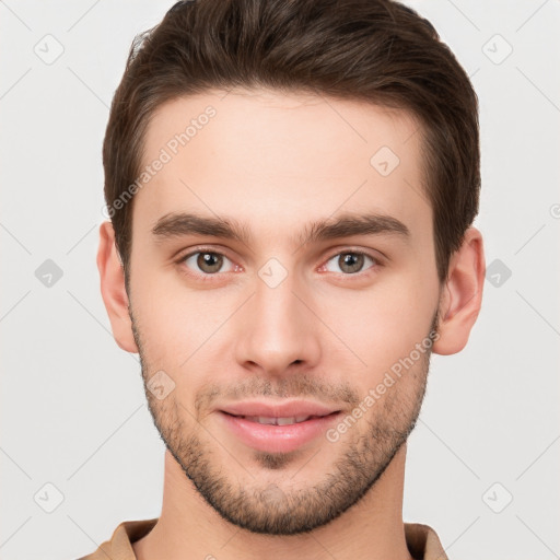 Neutral white young-adult male with short  brown hair and brown eyes