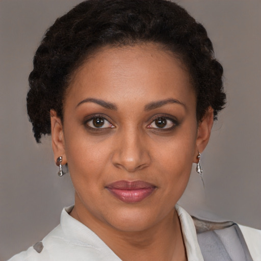 Joyful black young-adult female with short  brown hair and brown eyes