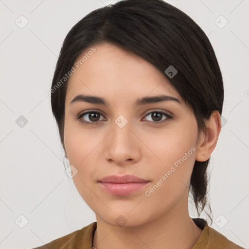 Neutral white young-adult female with medium  brown hair and brown eyes