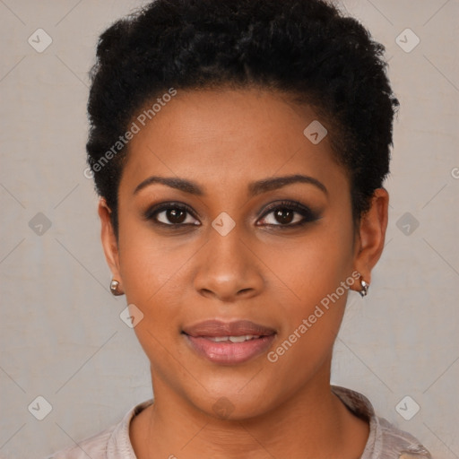 Joyful black young-adult female with short  black hair and brown eyes