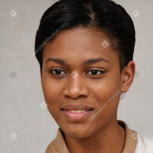 Joyful black young-adult female with short  black hair and brown eyes