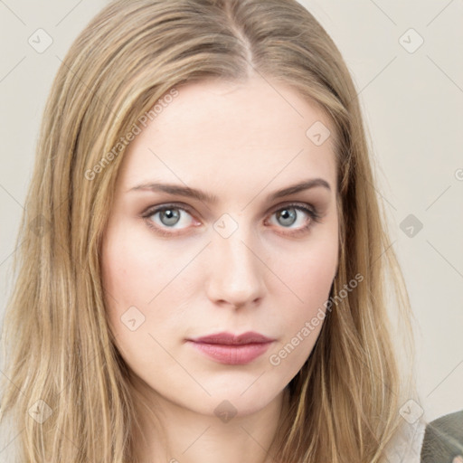 Neutral white young-adult female with long  brown hair and brown eyes