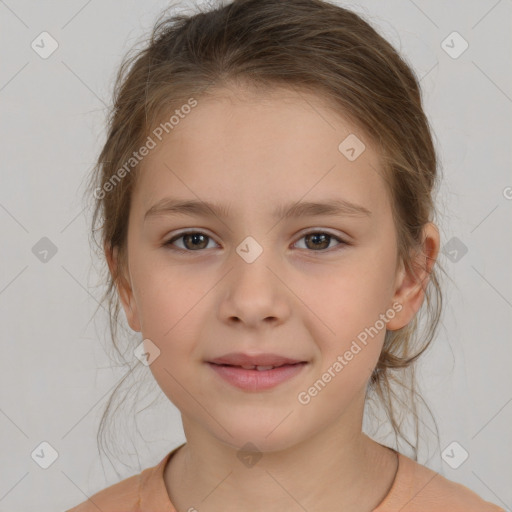 Joyful white child female with medium  brown hair and brown eyes