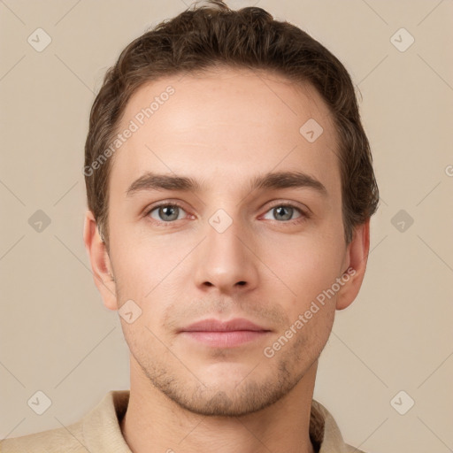 Neutral white young-adult male with short  brown hair and grey eyes