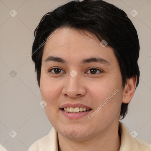 Joyful white young-adult female with medium  brown hair and brown eyes