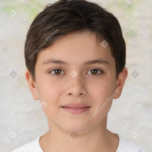 Joyful white child female with short  brown hair and brown eyes