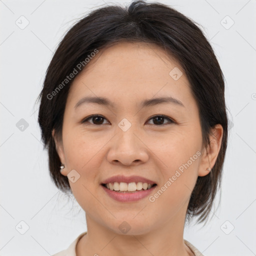 Joyful white young-adult female with medium  brown hair and brown eyes