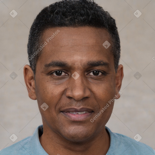 Joyful black adult male with short  black hair and brown eyes