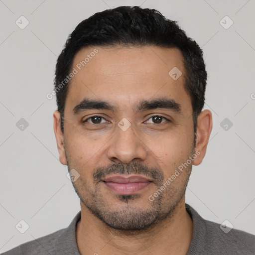 Neutral latino young-adult male with short  black hair and brown eyes