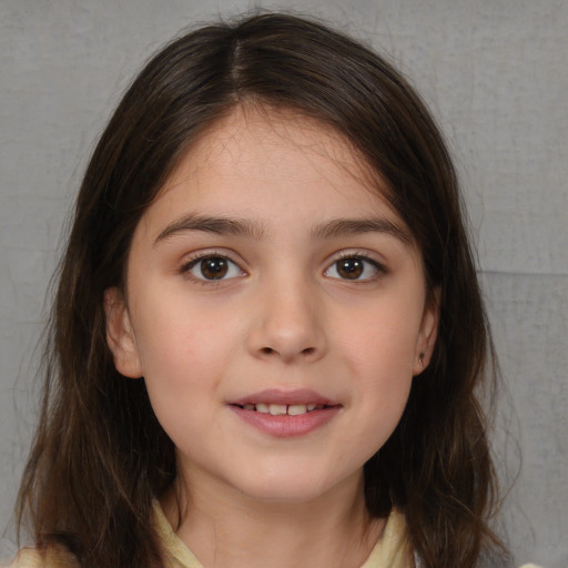 Joyful white child female with medium  brown hair and brown eyes