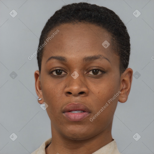 Neutral black young-adult female with short  brown hair and brown eyes