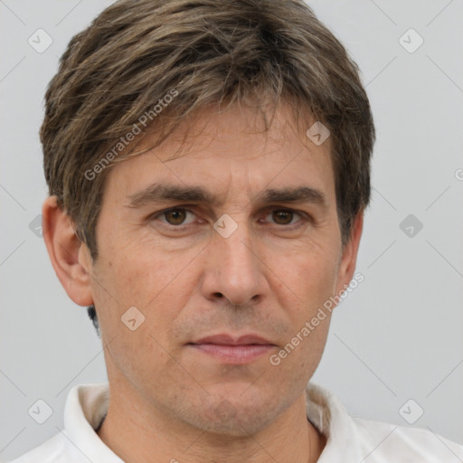 Neutral white adult male with short  brown hair and brown eyes