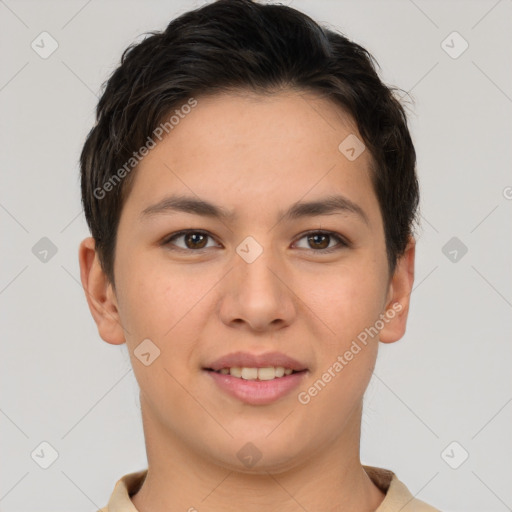 Joyful asian young-adult female with short  brown hair and brown eyes