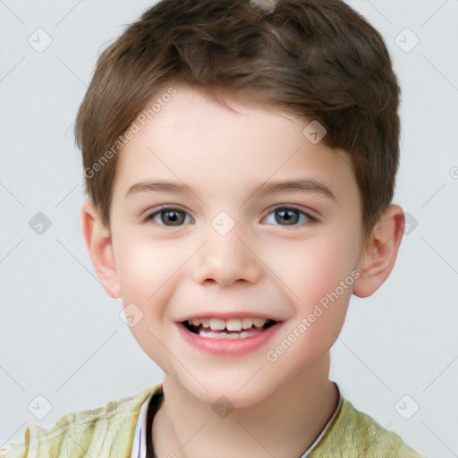 Joyful white child male with short  brown hair and brown eyes