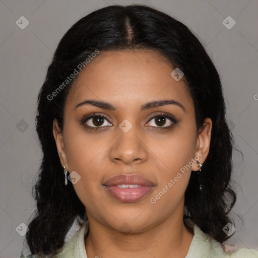 Joyful black young-adult female with medium  black hair and brown eyes