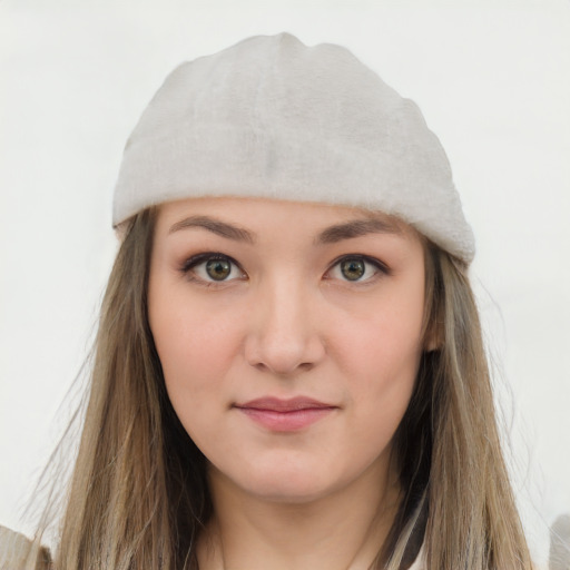 Neutral white young-adult female with long  brown hair and grey eyes