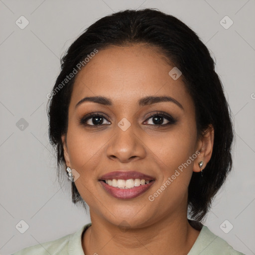 Joyful latino young-adult female with medium  black hair and brown eyes