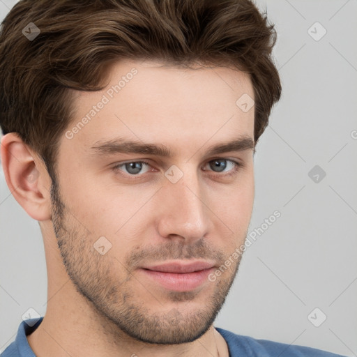 Neutral white young-adult male with short  brown hair and grey eyes