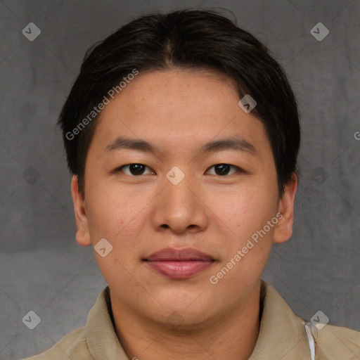 Joyful asian young-adult male with short  brown hair and brown eyes