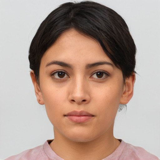 Neutral asian young-adult female with short  black hair and brown eyes
