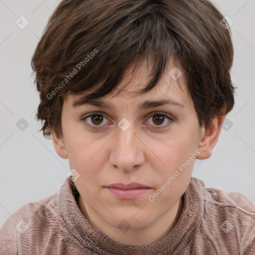 Neutral white young-adult female with short  brown hair and brown eyes