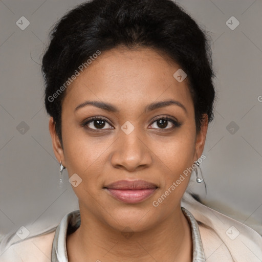 Joyful latino young-adult female with short  brown hair and brown eyes