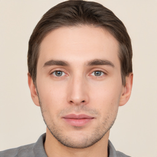 Neutral white young-adult male with short  brown hair and brown eyes