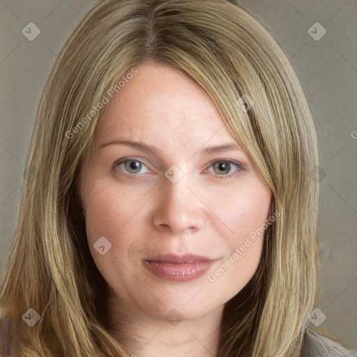 Joyful white young-adult female with long  brown hair and blue eyes