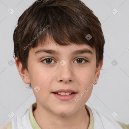 Joyful white child female with short  brown hair and brown eyes
