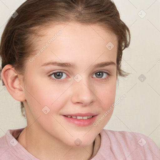 Joyful white child female with short  brown hair and brown eyes