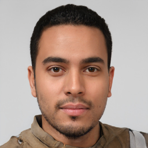 Neutral white young-adult male with short  black hair and brown eyes