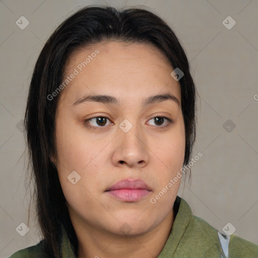 Neutral asian young-adult female with medium  brown hair and brown eyes