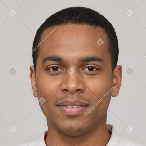 Neutral black young-adult male with short  black hair and brown eyes