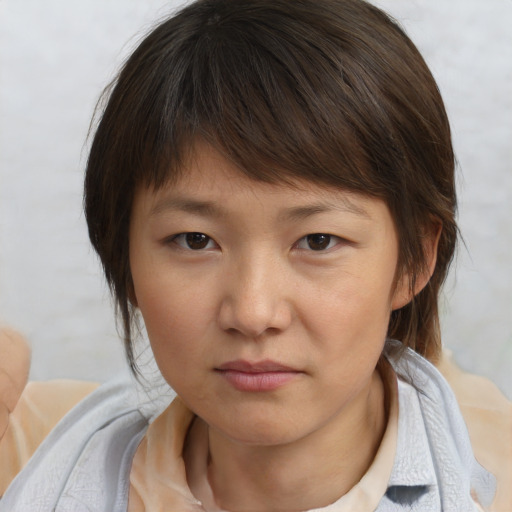 Neutral white young-adult female with medium  brown hair and brown eyes
