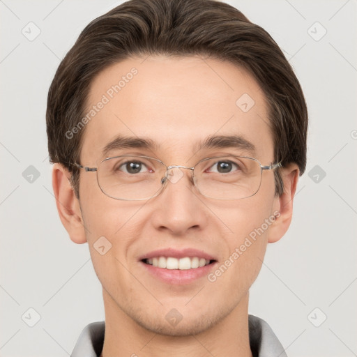 Joyful white adult male with short  brown hair and grey eyes